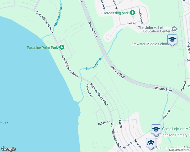 map of restaurants, bars, coffee shops, grocery stores, and more near Jackson Street in Camp Lejeune