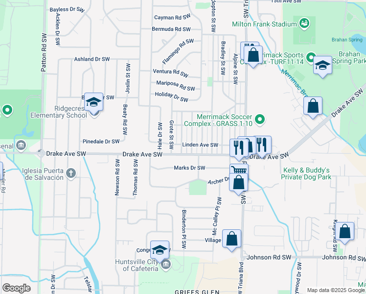 map of restaurants, bars, coffee shops, grocery stores, and more near 3703 Fairview Street Southwest in Huntsville
