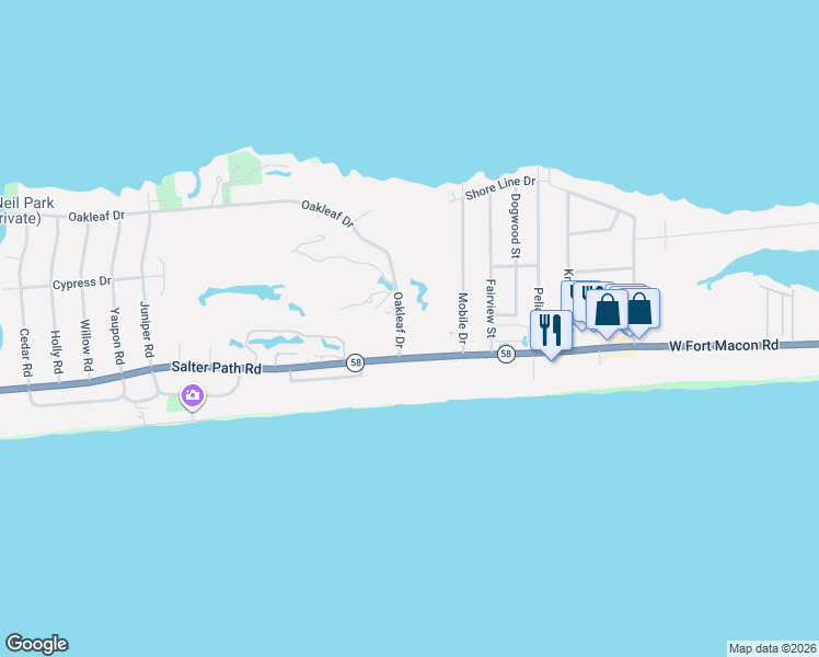 map of restaurants, bars, coffee shops, grocery stores, and more near 111 Oakleaf Drive in Pine Knoll Shores