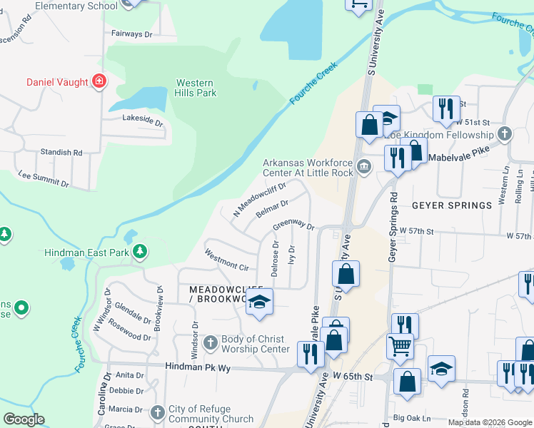 map of restaurants, bars, coffee shops, grocery stores, and more near 23 Belmar Drive in Little Rock