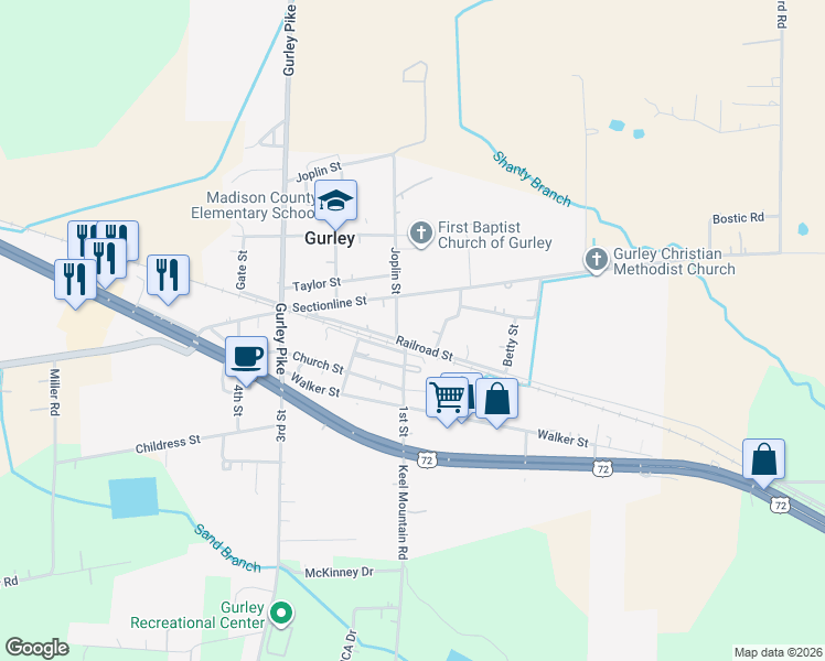 map of restaurants, bars, coffee shops, grocery stores, and more near 123 Joplin Street in Gurley