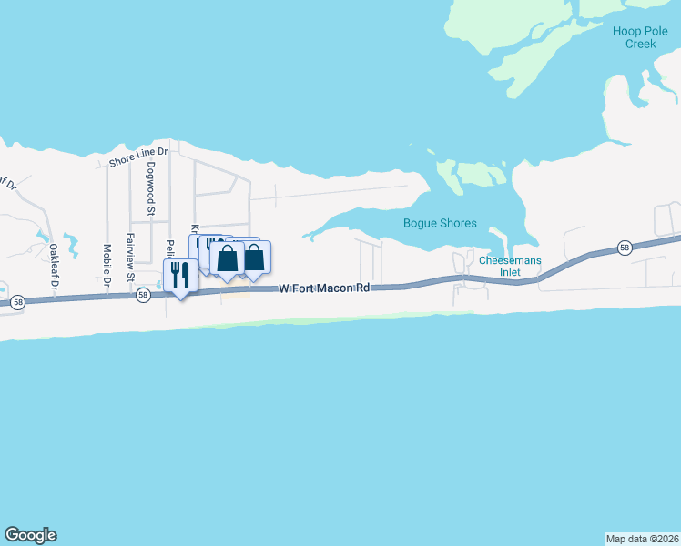 map of restaurants, bars, coffee shops, grocery stores, and more near 1701-2311 West Fort Macon Road in Atlantic Beach