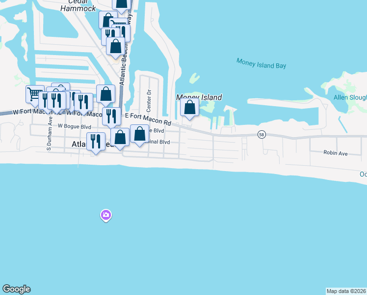 map of restaurants, bars, coffee shops, grocery stores, and more near 101 Tryon Street in Atlantic Beach