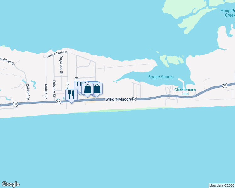 map of restaurants, bars, coffee shops, grocery stores, and more near 2404 West Fort Macon Road in Atlantic Beach