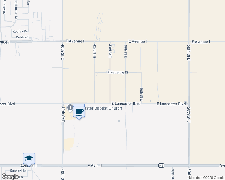 map of restaurants, bars, coffee shops, grocery stores, and more near 44850 43rd Street East in Lancaster