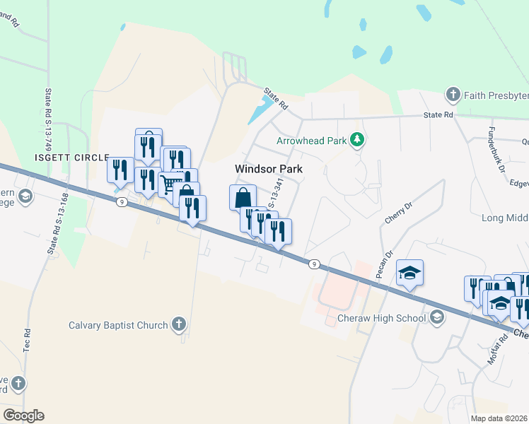 map of restaurants, bars, coffee shops, grocery stores, and more near 103 Gwynn Road in Cheraw