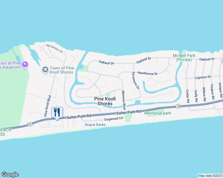 map of restaurants, bars, coffee shops, grocery stores, and more near 110 Loblolly Drive in Pine Knoll Shores