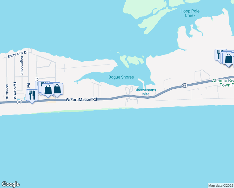 map of restaurants, bars, coffee shops, grocery stores, and more near 1918 West Fort Macon Road in Atlantic Beach