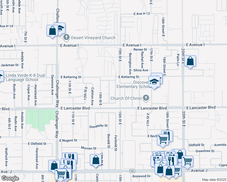 map of restaurants, bars, coffee shops, grocery stores, and more near 44934 Fenhold Street in Lancaster