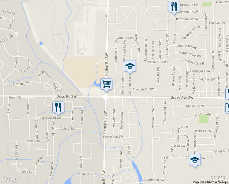 map of restaurants, bars, coffee shops, grocery stores, and more near 3770 Mc Vay Street Southwest in Huntsville