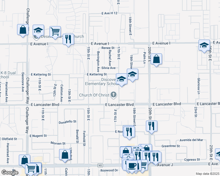 map of restaurants, bars, coffee shops, grocery stores, and more near 1610 Chino Vista Court in Lancaster