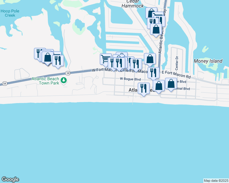 map of restaurants, bars, coffee shops, grocery stores, and more near 398 S Durham Ave in Atlantic Beach