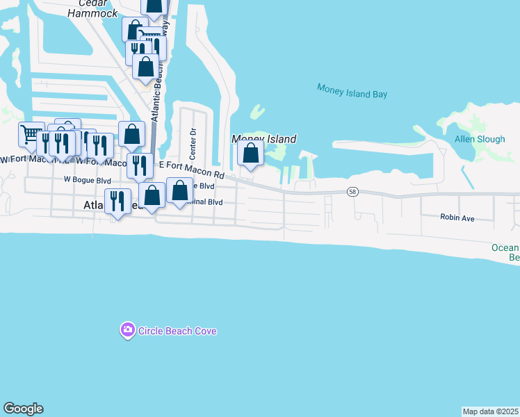 map of restaurants, bars, coffee shops, grocery stores, and more near 109 Dobbs Street in Atlantic Beach