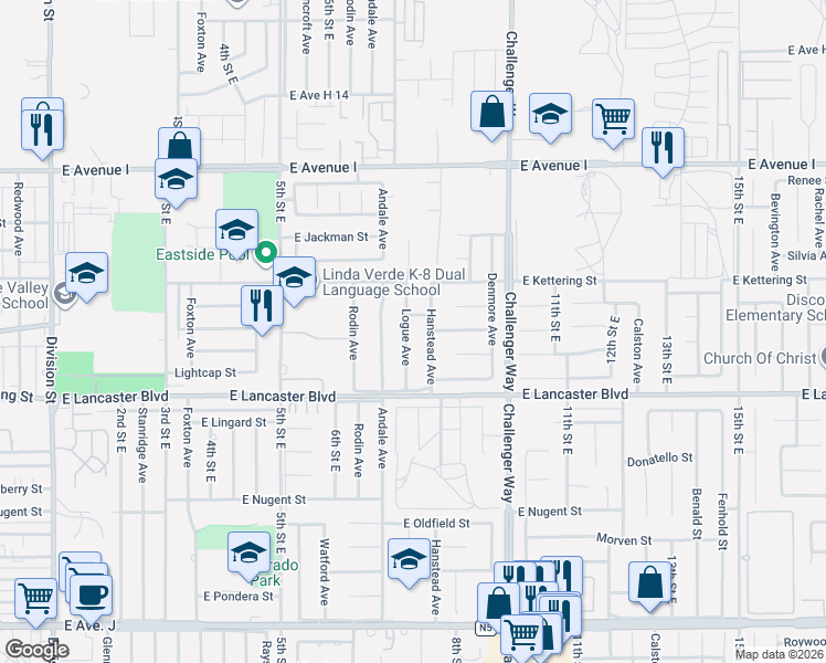map of restaurants, bars, coffee shops, grocery stores, and more near 44921 Hanstead Avenue in Lancaster