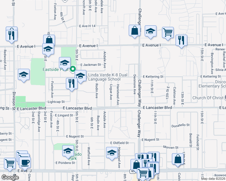 map of restaurants, bars, coffee shops, grocery stores, and more near 44921 Hanstead Avenue in Lancaster