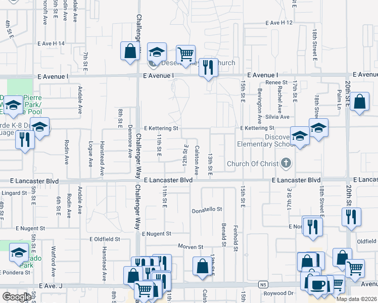 map of restaurants, bars, coffee shops, grocery stores, and more near 44910 12th Street East in Lancaster