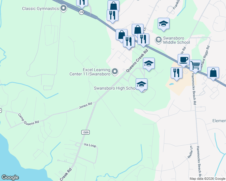 map of restaurants, bars, coffee shops, grocery stores, and more near 179 Queens Creek Rd in Swansboro