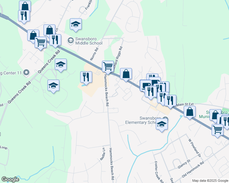 map of restaurants, bars, coffee shops, grocery stores, and more near 17 Sloop Street in Swansboro