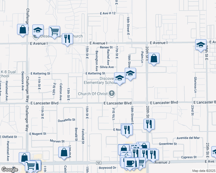 map of restaurants, bars, coffee shops, grocery stores, and more near 1610 Chino Vista Court in Lancaster