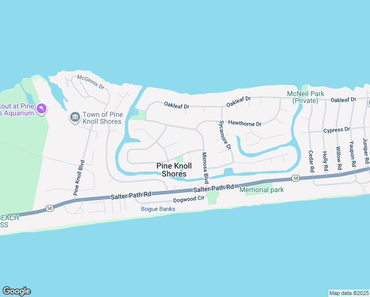 map of restaurants, bars, coffee shops, grocery stores, and more near 110 Loblolly Drive in Pine Knoll Shores