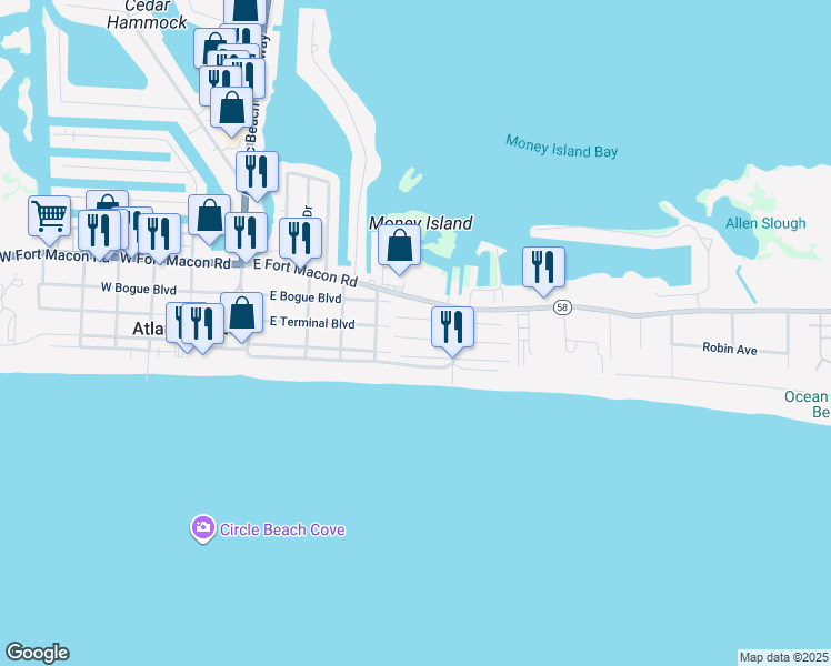 map of restaurants, bars, coffee shops, grocery stores, and more near 109 Dobbs Street in Atlantic Beach