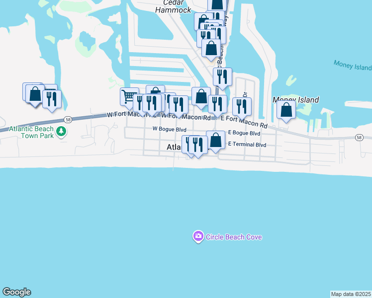map of restaurants, bars, coffee shops, grocery stores, and more near 208-210 West Terminal Boulevard in Atlantic Beach