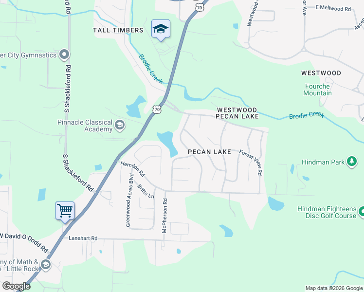 map of restaurants, bars, coffee shops, grocery stores, and more near 5608 Pecan Lake Road in Little Rock