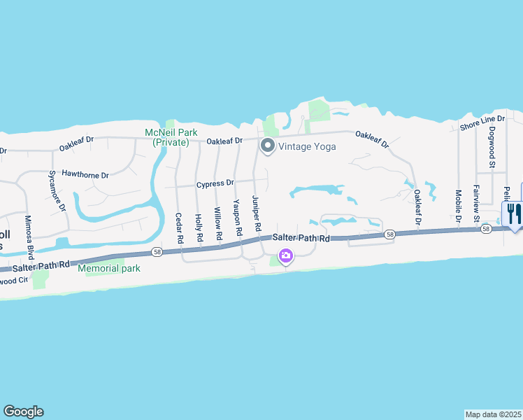 map of restaurants, bars, coffee shops, grocery stores, and more near 112 Juniper Road in Pine Knoll Shores
