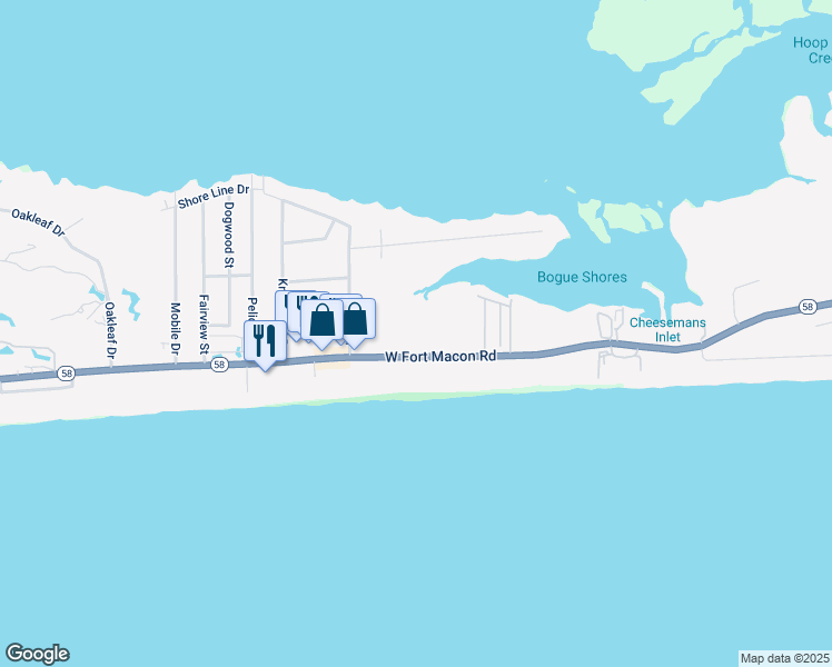 map of restaurants, bars, coffee shops, grocery stores, and more near 2404 West Fort Macon Road in Atlantic Beach