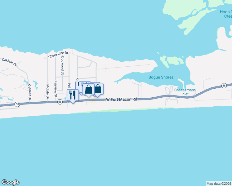 map of restaurants, bars, coffee shops, grocery stores, and more near 2404 West Fort Macon Road in Atlantic Beach