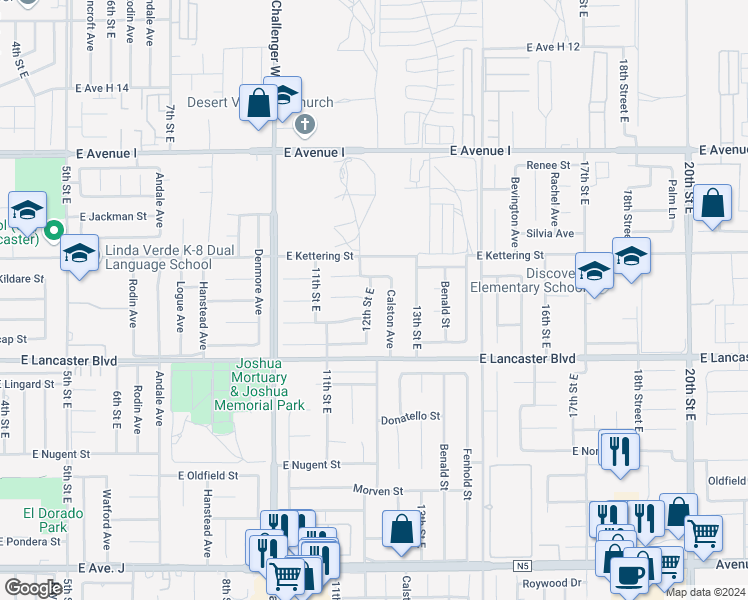 map of restaurants, bars, coffee shops, grocery stores, and more near 44910 12th Street East in Lancaster