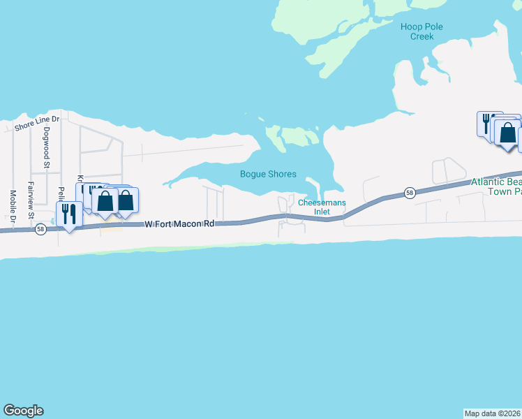 map of restaurants, bars, coffee shops, grocery stores, and more near 1918 West Fort Macon Road in Atlantic Beach