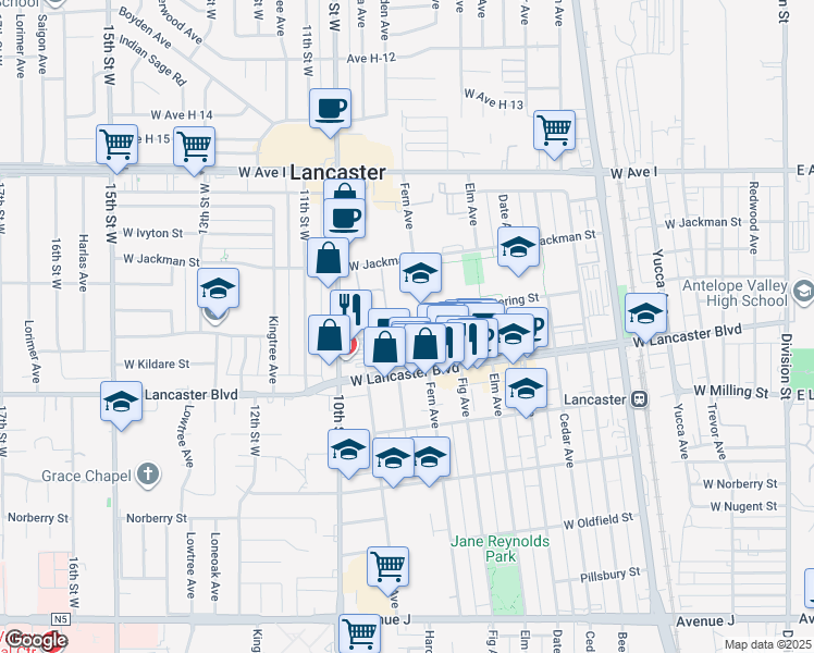 map of restaurants, bars, coffee shops, grocery stores, and more near 44933 Fern Avenue in Lancaster