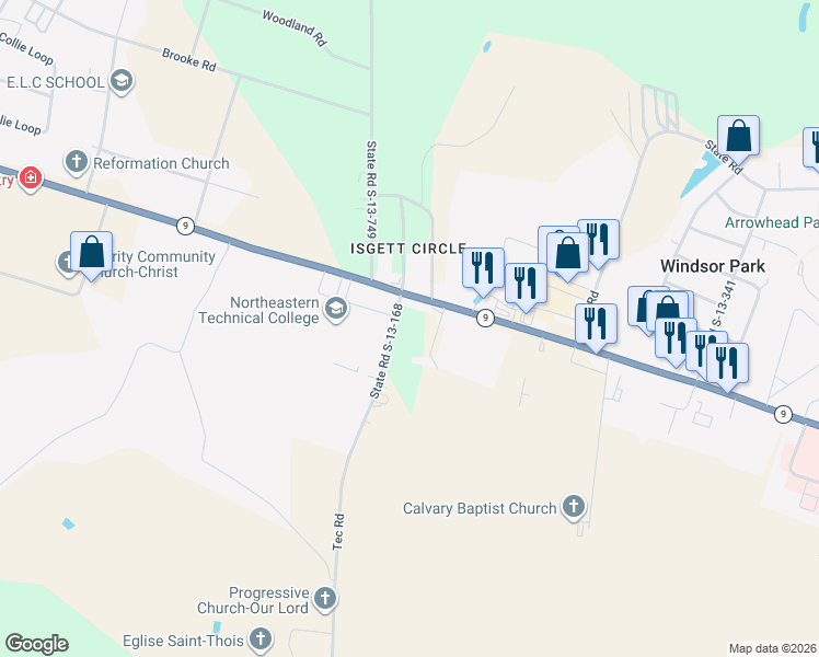 map of restaurants, bars, coffee shops, grocery stores, and more near 1044 Tec Road in Cheraw