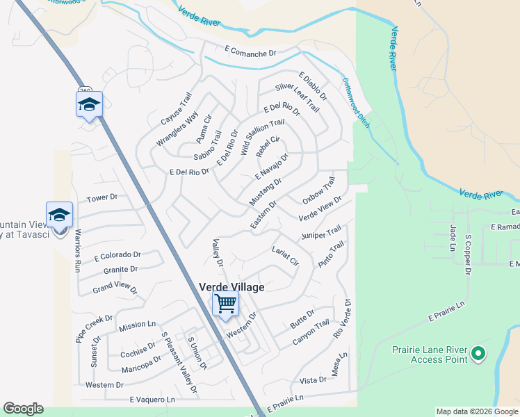 map of restaurants, bars, coffee shops, grocery stores, and more near 4200 Mustang Drive in Cottonwood