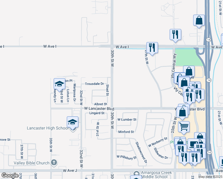 map of restaurants, bars, coffee shops, grocery stores, and more near 30th Street West in Lancaster