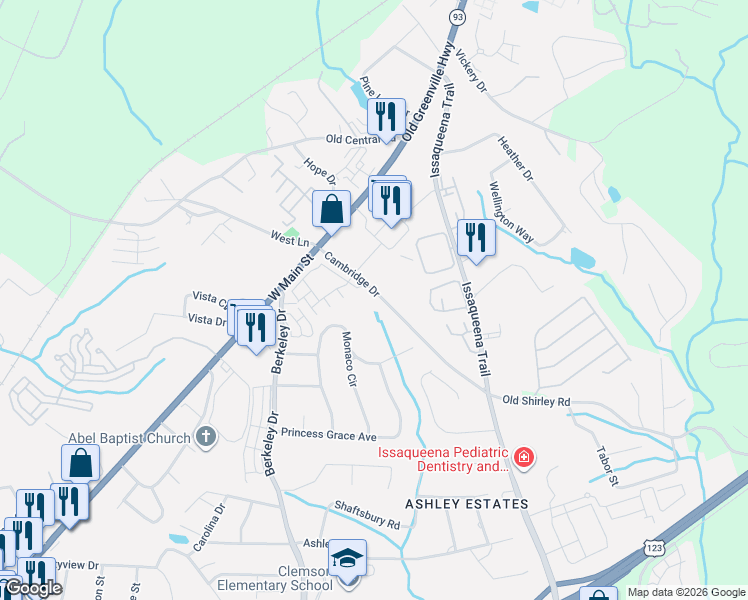map of restaurants, bars, coffee shops, grocery stores, and more near 140 Cambridge Drive in Clemson