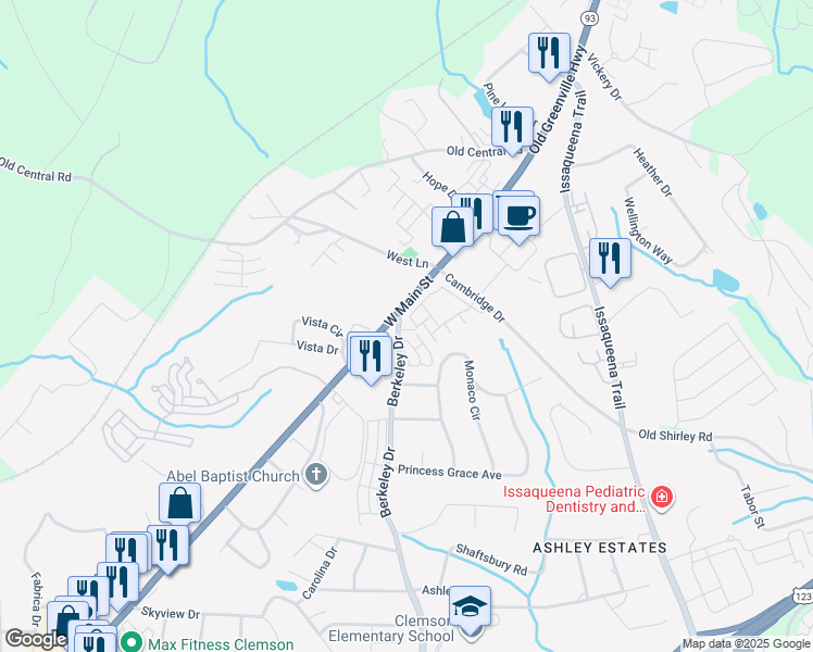 map of restaurants, bars, coffee shops, grocery stores, and more near 101 Berkeley Drive in Clemson