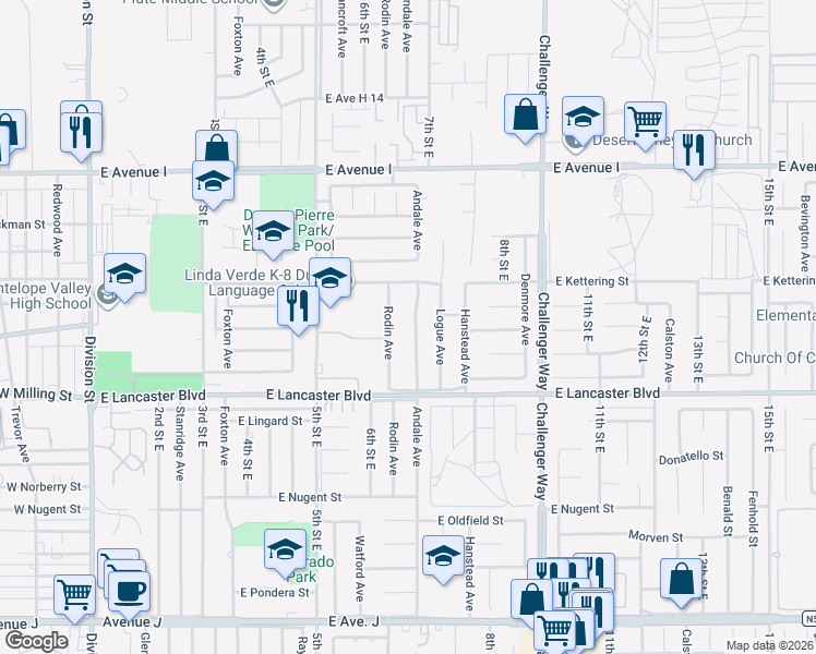 map of restaurants, bars, coffee shops, grocery stores, and more near 44909 Andale Avenue in Lancaster