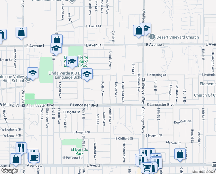 map of restaurants, bars, coffee shops, grocery stores, and more near 44909 Andale Avenue in Lancaster