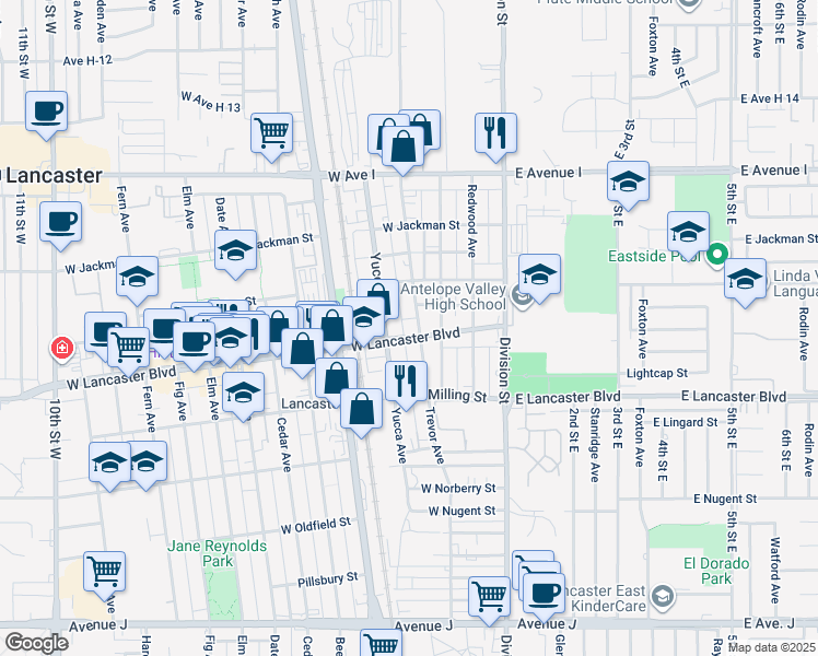 map of restaurants, bars, coffee shops, grocery stores, and more near 44923 Trevor Avenue in Lancaster