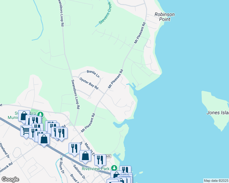 map of restaurants, bars, coffee shops, grocery stores, and more near 1190 Mount Pleasant Road in Swansboro