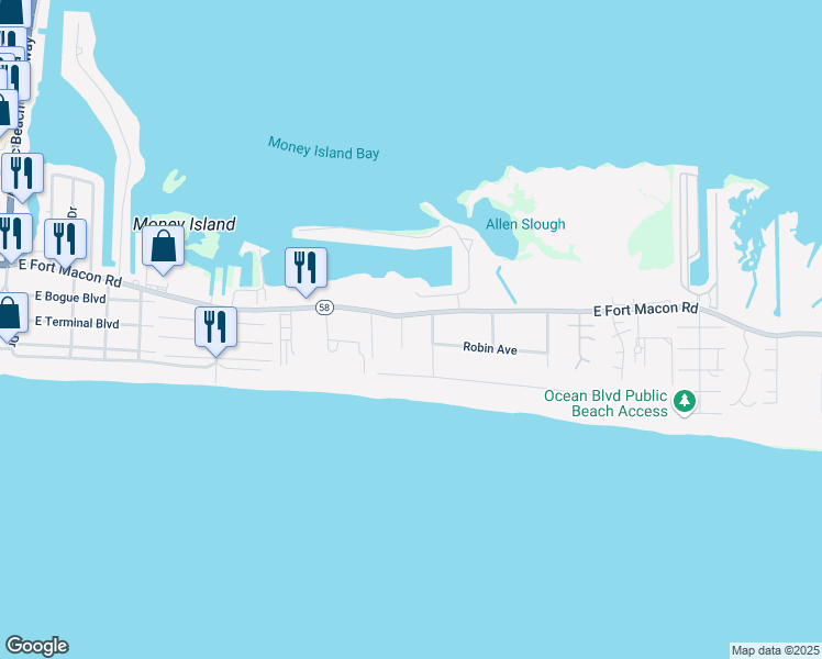 map of restaurants, bars, coffee shops, grocery stores, and more near 107 Dunes Court in Atlantic Beach