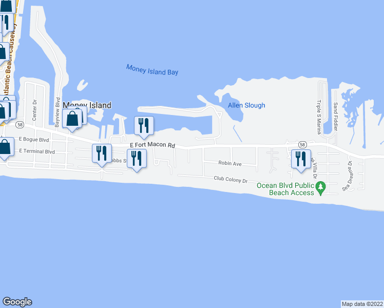 map of restaurants, bars, coffee shops, grocery stores, and more near 107 Dunes Court in Atlantic Beach