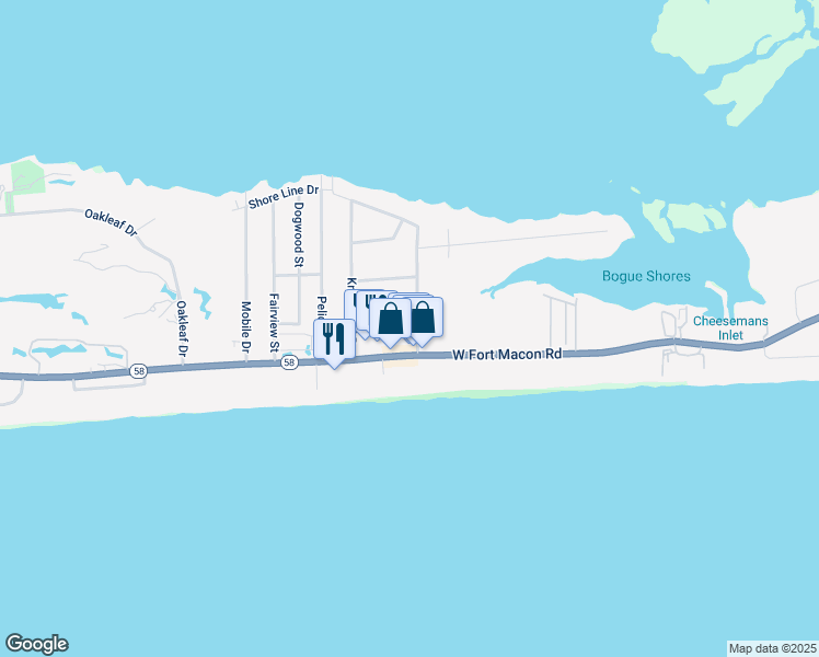 map of restaurants, bars, coffee shops, grocery stores, and more near 101 Beachwood Drive in Atlantic Beach