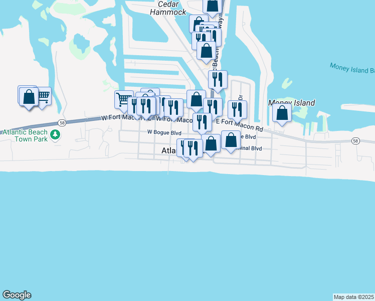 map of restaurants, bars, coffee shops, grocery stores, and more near in Atlantic Beach