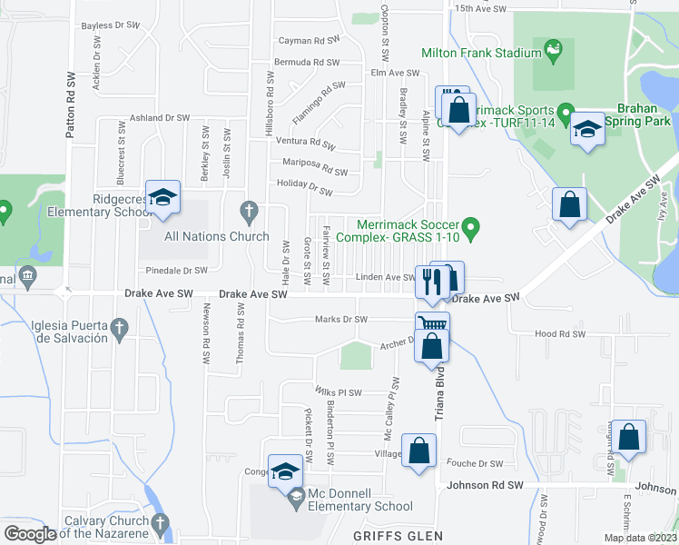 map of restaurants, bars, coffee shops, grocery stores, and more near 3618 Emm Ell Street Southwest in Huntsville