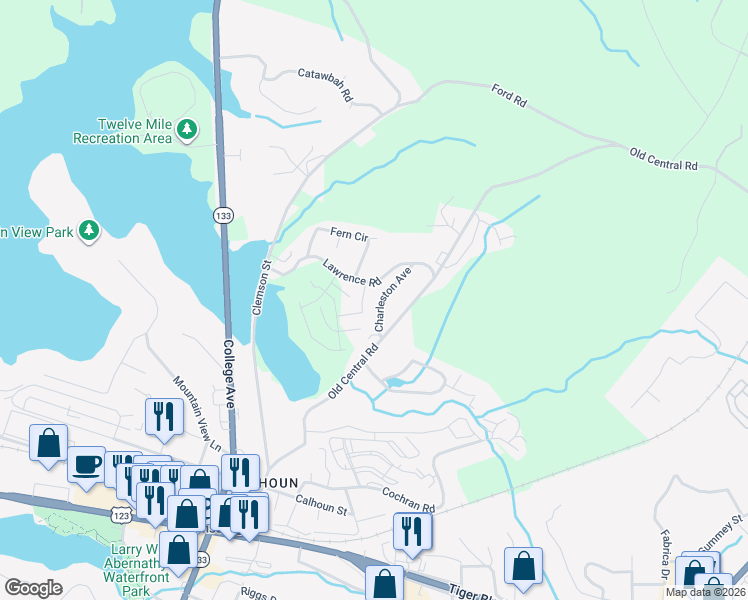 map of restaurants, bars, coffee shops, grocery stores, and more near 207 Charleston Avenue in Clemson