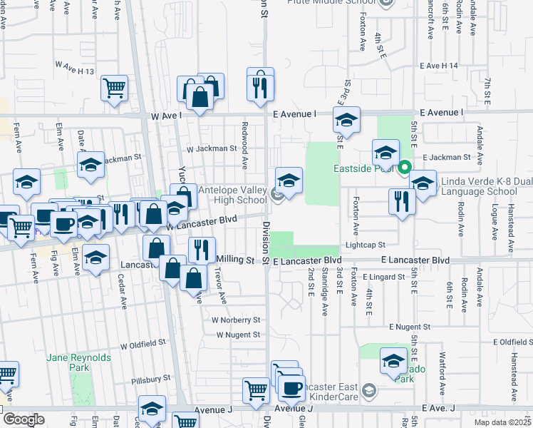 map of restaurants, bars, coffee shops, grocery stores, and more near West Lancaster Boulevard in Lancaster