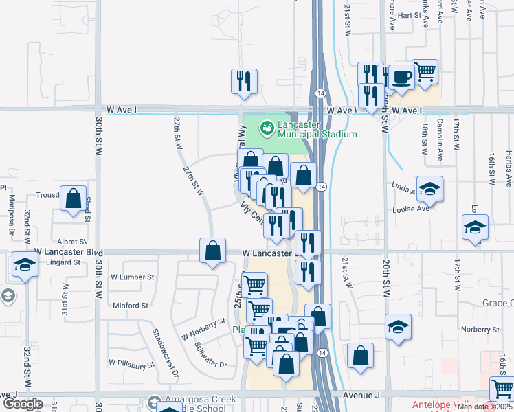map of restaurants, bars, coffee shops, grocery stores, and more near 44950 Valley Central Way in Lancaster